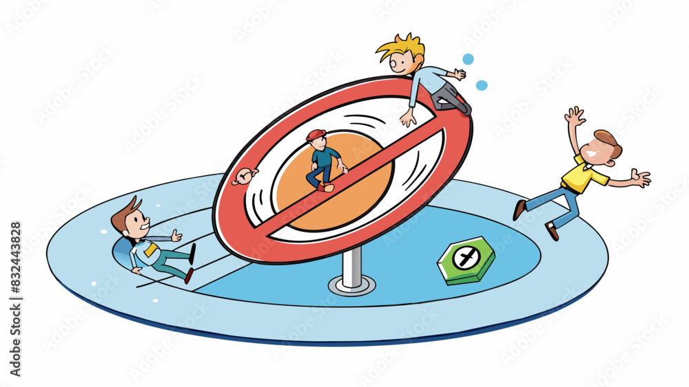 Poster A sign for a GravityFree Zone that constantly spins in circles causing people to stumble and fall as they try to enter.. Cartoon Vector.