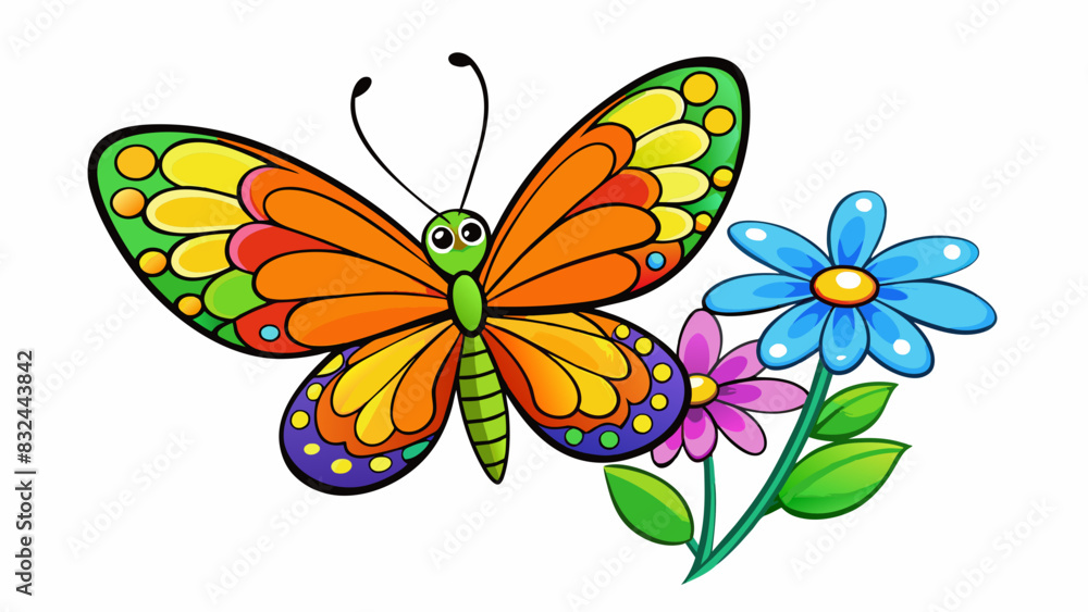Poster A significantly colorful butterfly with vivid hues and delicate wings fluttering gracefully a a field of flowers.. Cartoon Vector.