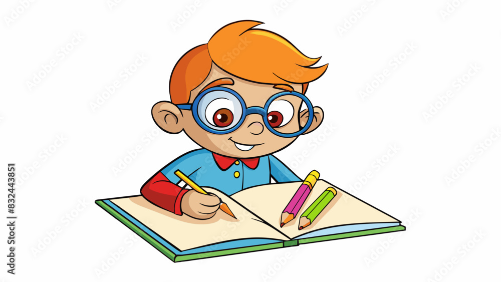 Poster A shy kid with glasses and freckles hunched over a drawing book and creating colorful masterpieces with crayons.. Cartoon Vector.