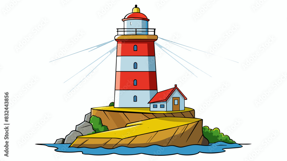 Poster a significantly bright lighthouse standing tall on a rocky cliff its brilliant light guiding ships s