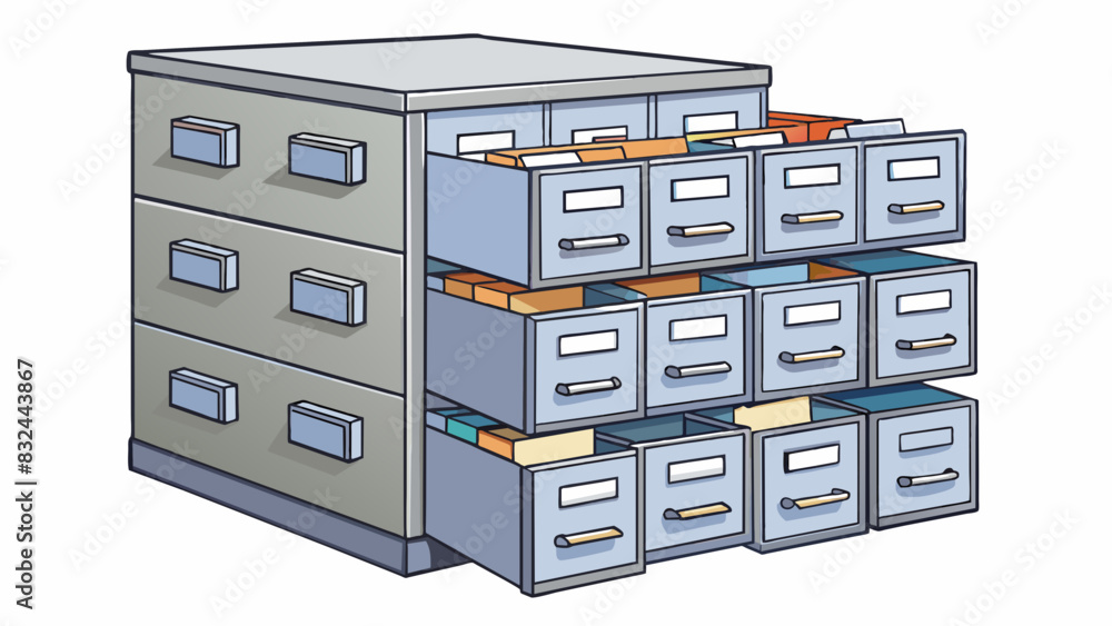 Poster A silver filing cabinet with multiple drawers each labeled with different categories like invoices or contracts. The drawers are stuffed full of. Cartoon Vector.