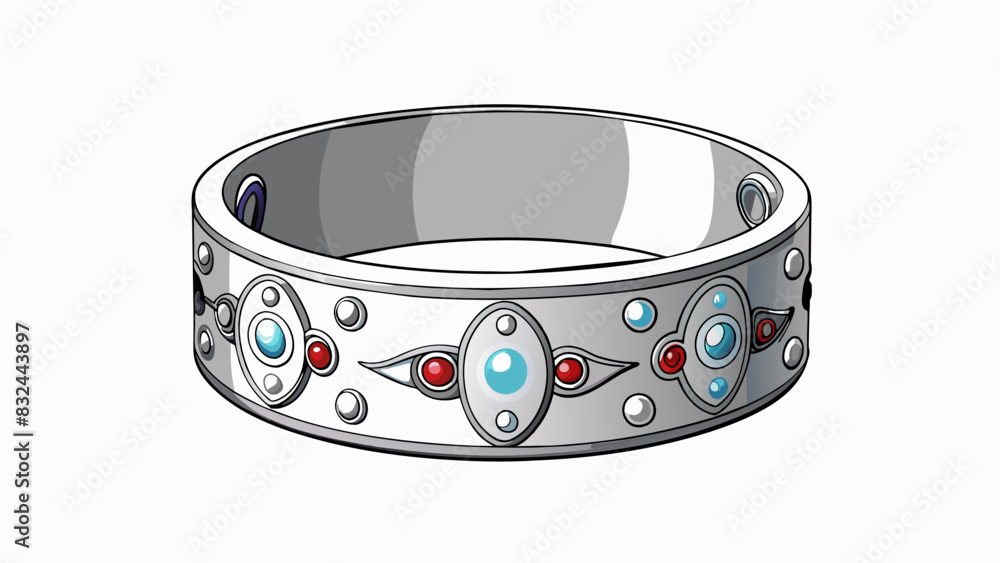Poster A silver cuff bracelet with a shiny finish and intricate etchings along its surface. The ends are slightly curved and have small gems embedded in. Cartoon Vector.
