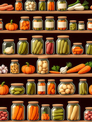 clipart of shelves with pickled vegetables and jars, wallpaper design
