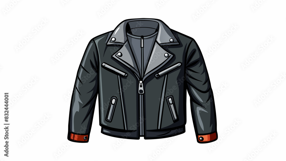 Aufkleber A sleek black leather jacket that fits snugly to the body. It has a zipper running down the front with multiple pockets of different sizes and shapes. Cartoon Vector.