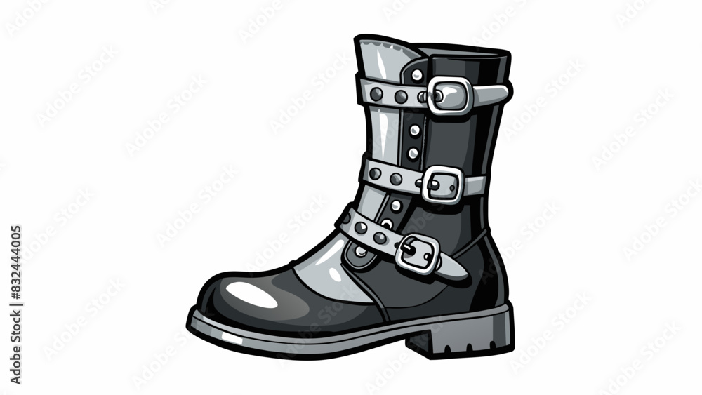 Poster a sleek boot with a shiny black finish adorned with silver buckles and zippers. the material is faux