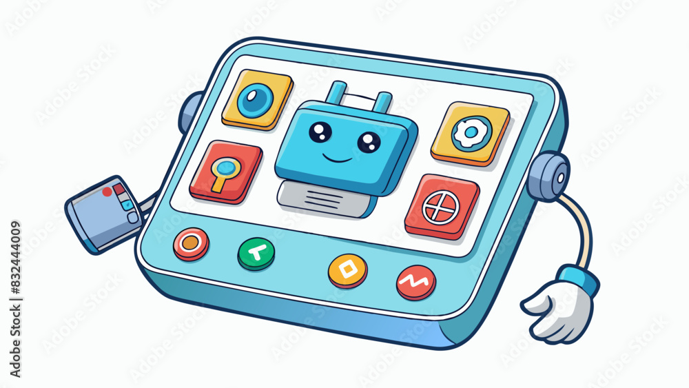 Aufkleber A sleek handheld device with a touch screen and multiple icons that acts as a virtual assistant able to complete tasks and answer questions through. Cartoon Vector.