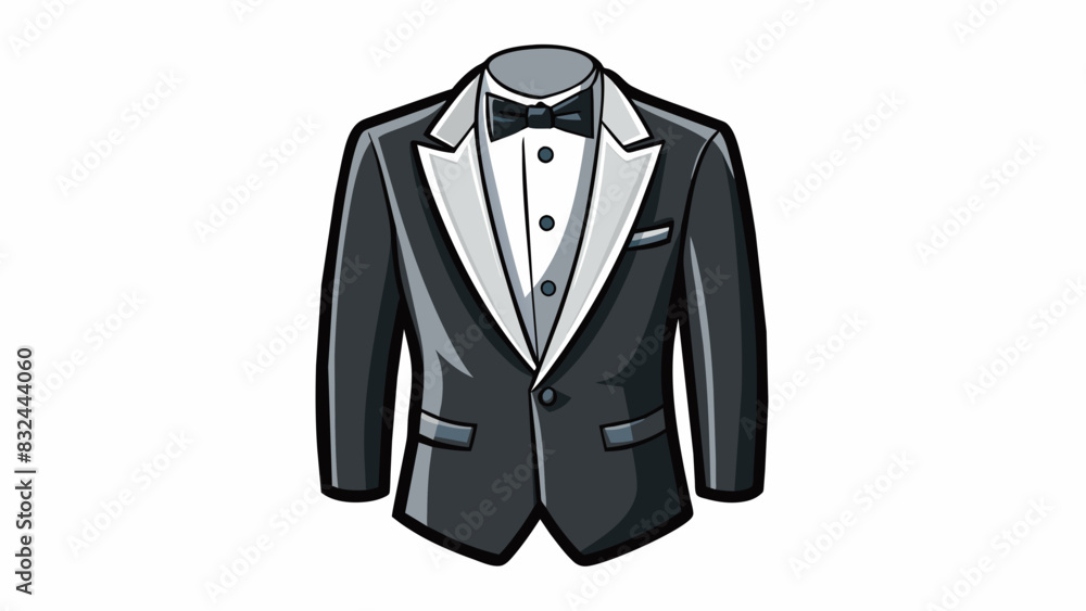 Poster A sleek slimfitting black tuxedo jacket with satin lapels and a single button closure ideal for a formal event or a night out on the town.. Cartoon Vector.