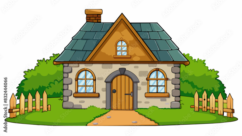 Poster a small but quaint cottage surrounded by a sprawling meadow and rolling hills. the walls are made of
