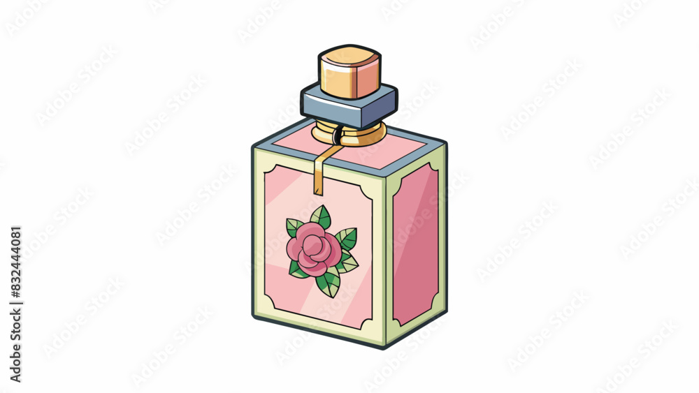 Poster a small bottle of perfume with a distinct floral scent and a classic elegant packaging.. cartoon vec
