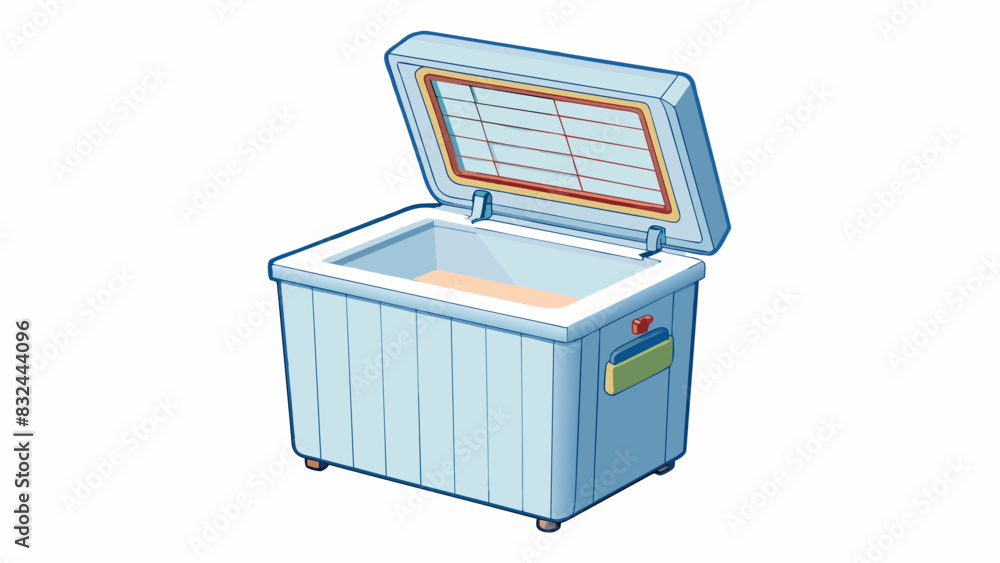 Poster a small cheststyle freezer with a white exterior and a hinged lid on top. the lid has a lock and the