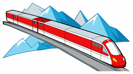 A sleek metal train with red and white stripes gliding effortlessly through the breathtaking Swiss Alps and offering panoramic views to its. Cartoon Vector.