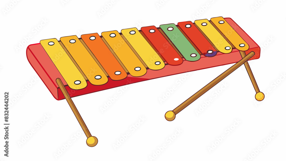 Poster A small handheld instrument with multiple metal keys or bars arranged in a row. The keys are struck with a pair of small mallets producing a bright. Cartoon Vector.