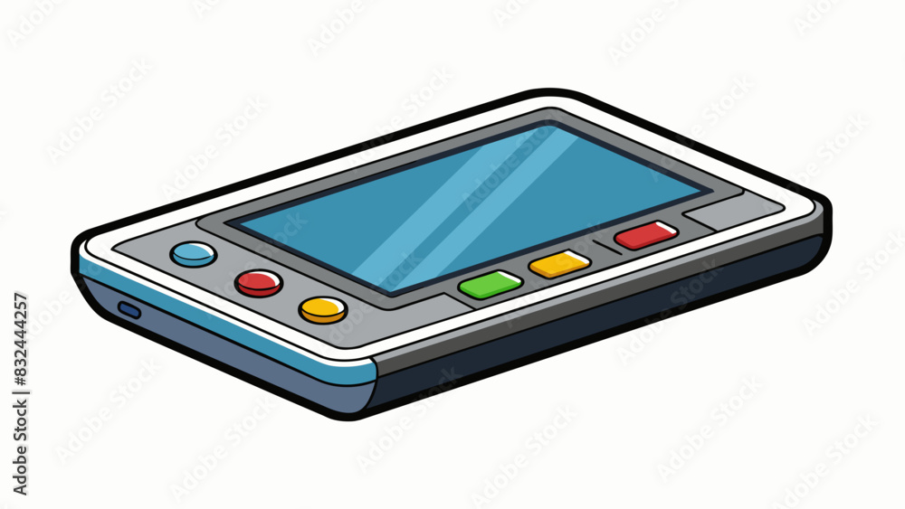 Fototapete A small rectangular device with a black screen on one side. The screen is lit up with bright colors and symbols and there are small buttons lined up. Cartoon Vector.