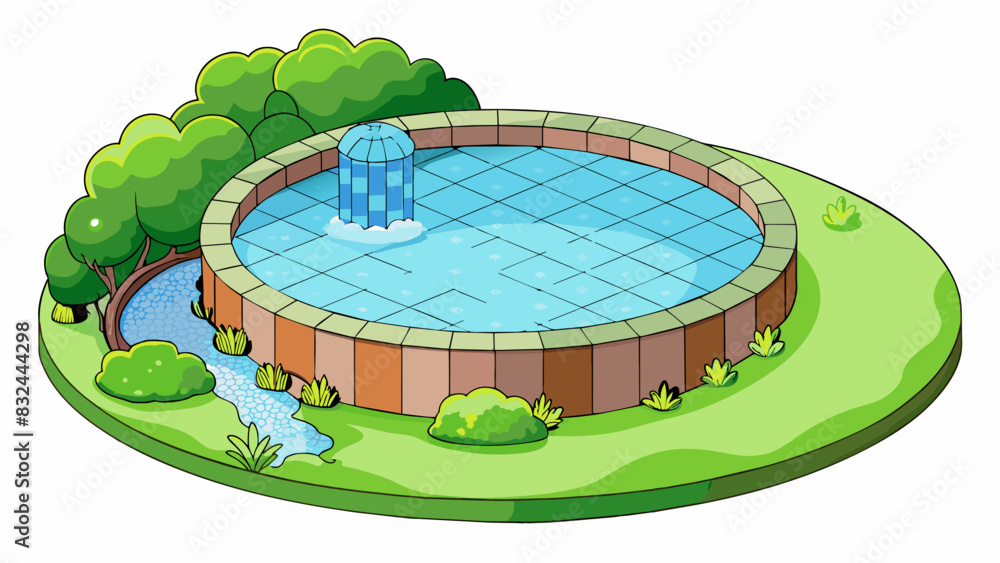 Poster A small round pool with a mosaic tile pattern on the bottom and a lush green garden surrounding it. It has a gently trickling waterfall spilling into. Cartoon Vector.