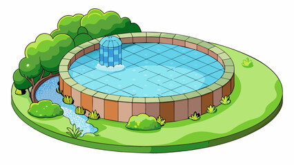 A small round pool with a mosaic tile pattern on the bottom and a lush green garden surrounding it. It has a gently trickling waterfall spilling into. Cartoon Vector.