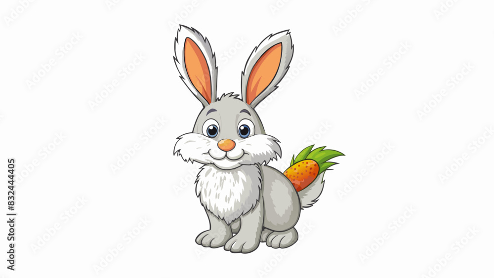 Poster A soft fluffy object with long ears and a tail known for its ability to hop and its love for carrots.. Cartoon Vector.