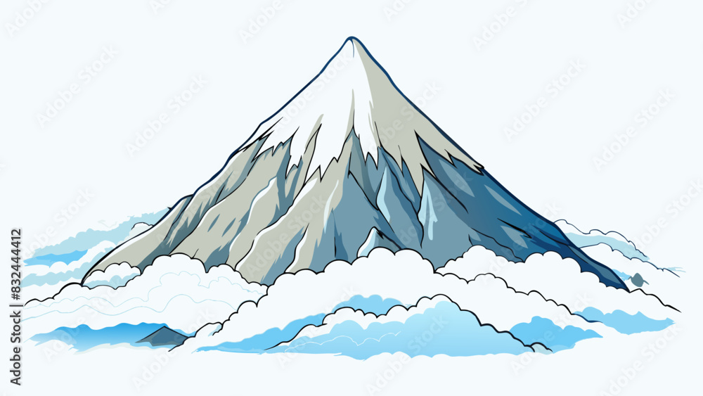Poster a snowcovered mountain peak towering above the clouds. the air is thin and crisp and the snow sparkl