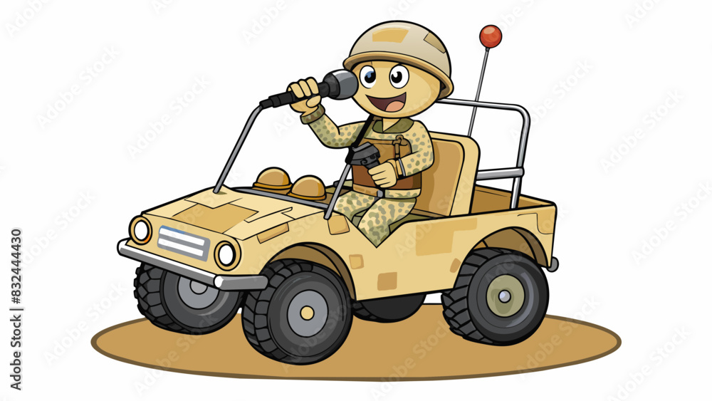 Poster A soldier in desert camouflage riding in a camouflaged vehicle equipped with a mounted machine gun. The soldier is wearing a headset and communicating. Cartoon Vector.