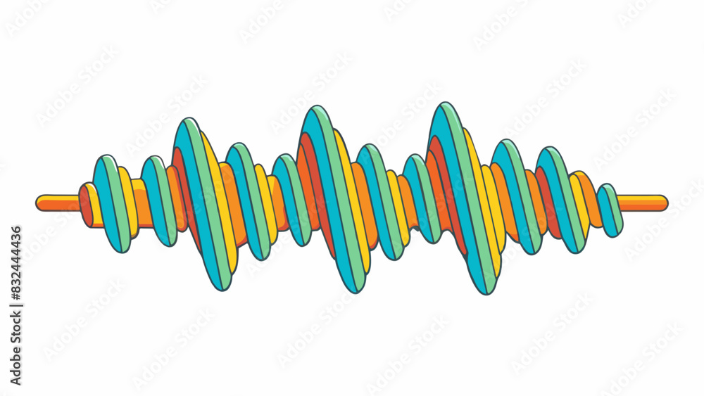 Poster a sound wave pulsing through the air with peaks and valleys of varying amplitudes and wavelengths. c