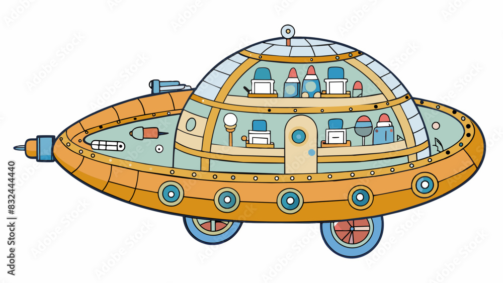 Poster A spaceship unlike any other with multiple layers and compartments connected by winding tunnels. The exterior is adorned with intricate markings and. Cartoon Vector.