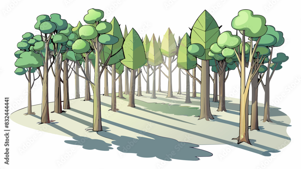 Aufkleber A sp forest with a mixture of tall thin trees and small bushes. The bark on the trees is smooth and pale and the leaves are a light silvery green. The. Cartoon Vector.