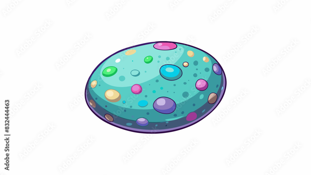 Poster A smooth round river rock with a shiny surface and speckles of different colors. It feels cool and slick to the touch like a polished gemstone.. Cartoon Vector.