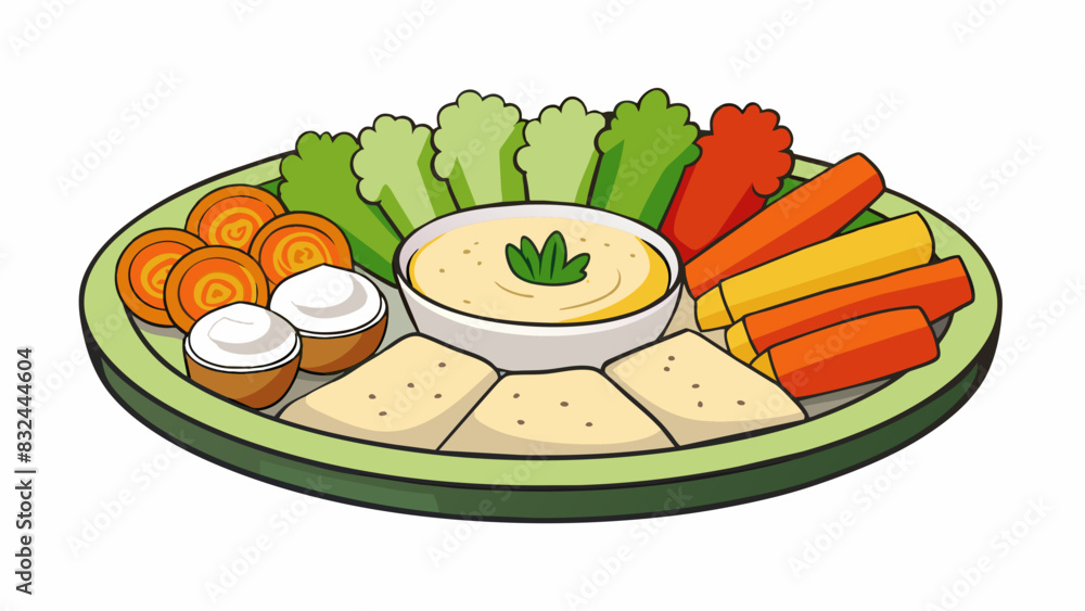 Poster a spread of vegetables and dips on a party platter featuring an assortment of colors and textures. t
