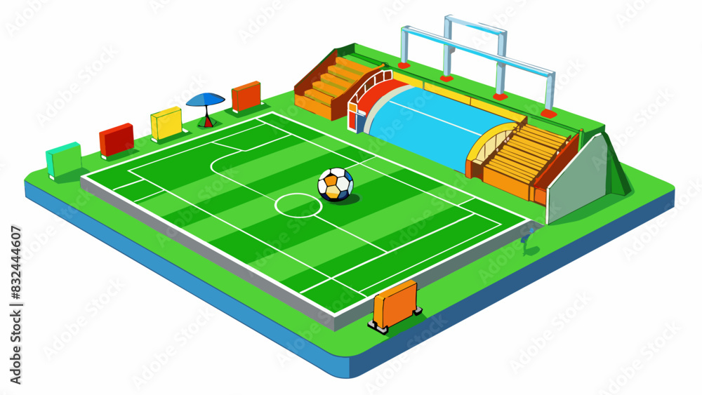 Poster a sprawling sports field with a bright green artificial turf and colorful lines marking the boundari