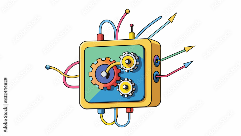 Poster a squareshaped mechanism with multiple colorful wires and gears designed to show the time and emit l