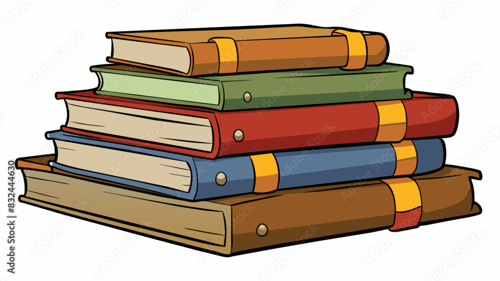 Poster a stack of heavy books stacked on top of each other imposing their weight and presence on the desk. 