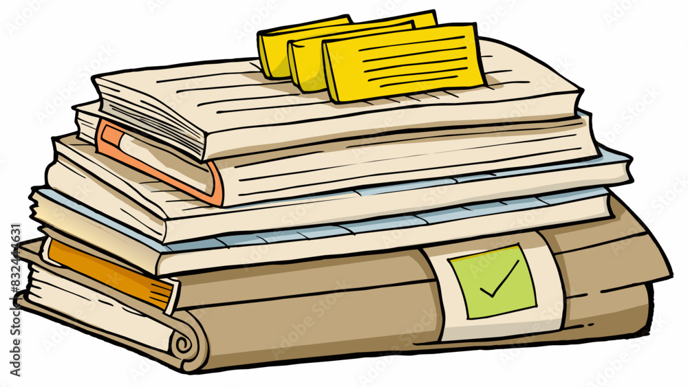 Poster a stack of old newspapers and magazines stacked haphazardly on a shelf. the edges of the pages are y