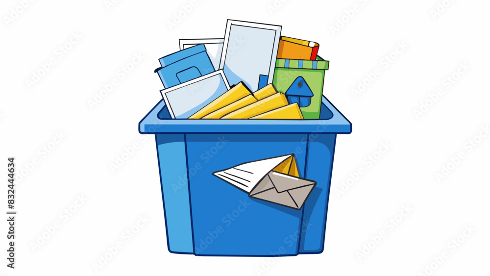 Poster A stack of unod mail in a recycling bin The stack of mail consists of unod envelopes and adver. It is in a blue plastic recycling bin along with other. Cartoon Vector.