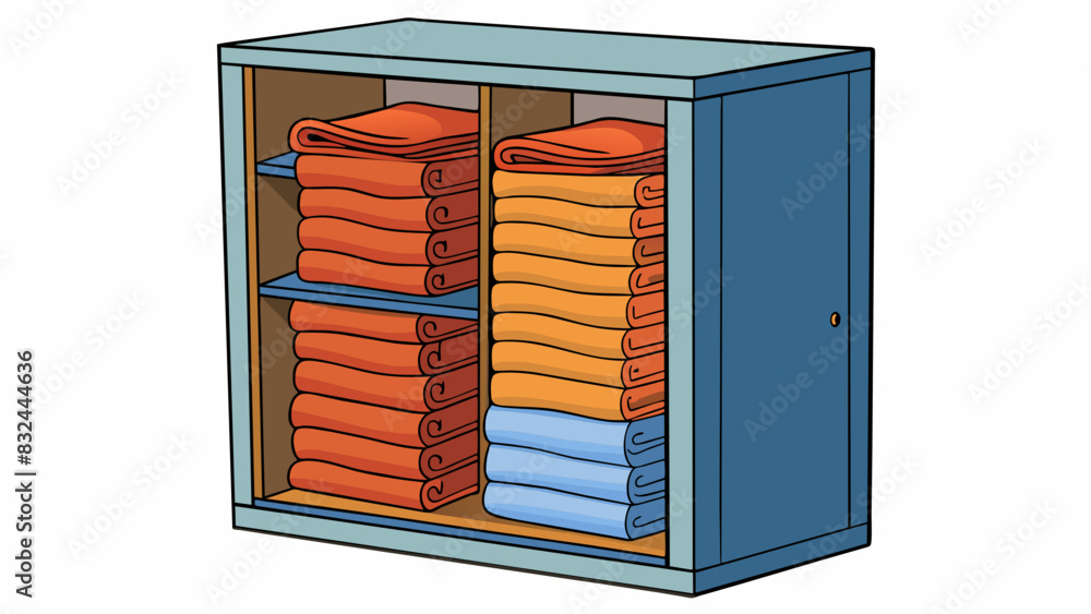Aufkleber A stack of folded towels in a linen closet all neatly aligned with their edges perfectly lined up. Each towel is of the same material and pattern. Cartoon Vector.