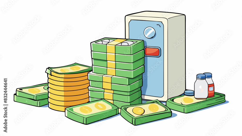 Poster A stack of unod bills laying on a kitchen table surrounded by empty food containers and a halfempty fridge depicting the financial strain and. Cartoon Vector.