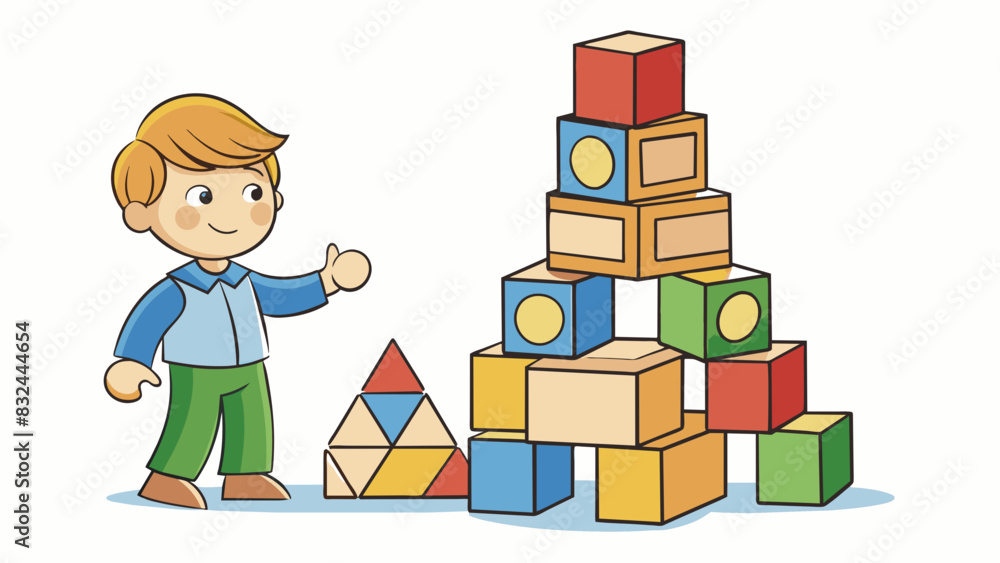 Poster A stack of wooden blocks all different sizes and shapes p in front of a young child. With each block the child can construct a building a tower or any. Cartoon Vector.