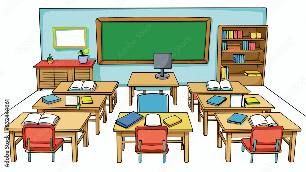 Poster A standard classroom setting with a chalkboard at the front rows of desks and chairs and a bookshelf filled with textbooks. A teachers desk sits at. Cartoon Vector.