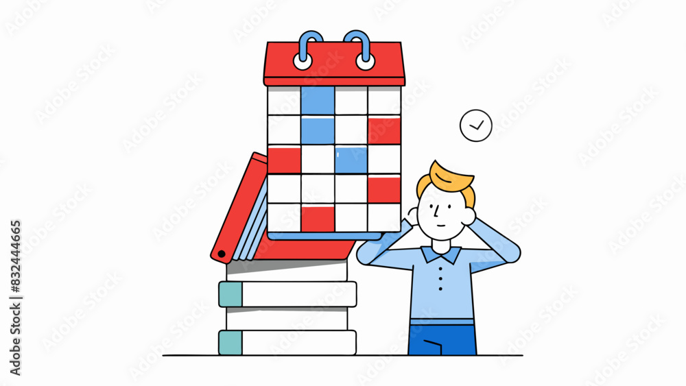 Poster A stack of unfinished tasks and projects towering over a persons head creating a sense of being overwhelmed and stretched thin. The calendar on the. Cartoon Vector.