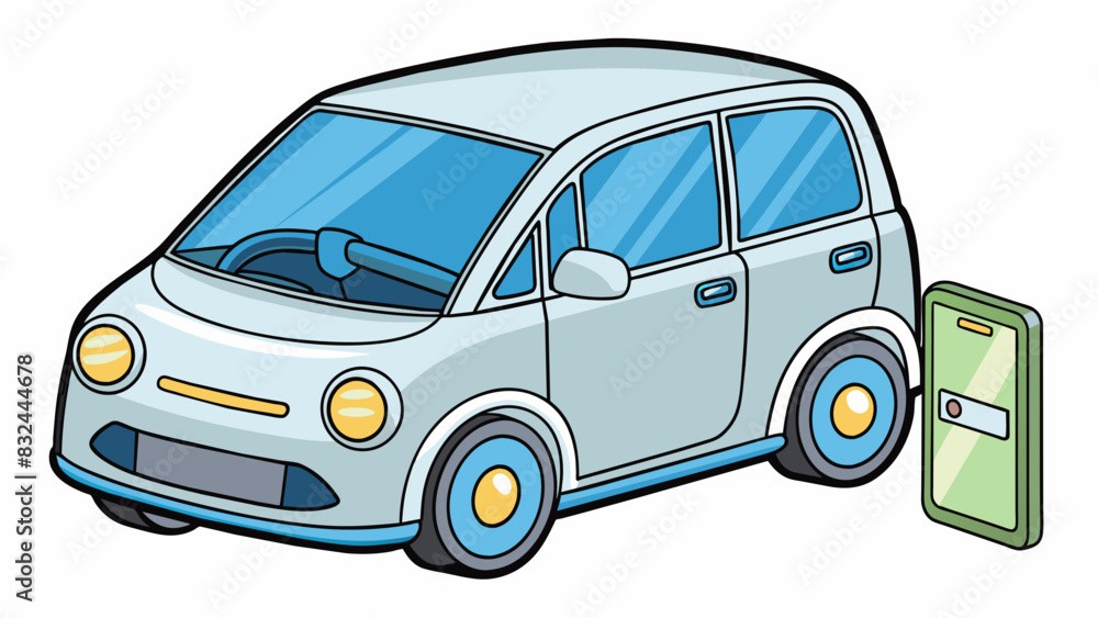 Poster A stateoftheart electric car with a streamlined body and rechargeable batteries. It also has selfdriving capabilities and a touchscreen control panel.. Cartoon Vector.