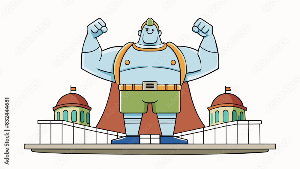 Poster a statue of a figure imposing in size and stature stands tall in a plaza. its arms are raised triump