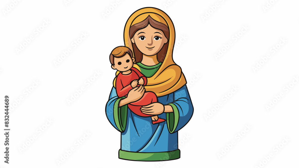 Poster a statue of a mother holding her child in her arms with a tender expression on her face. the represe