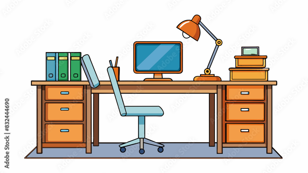 Poster a standard office desk this piece of furniture is commonly found in a workspace and is used for writ