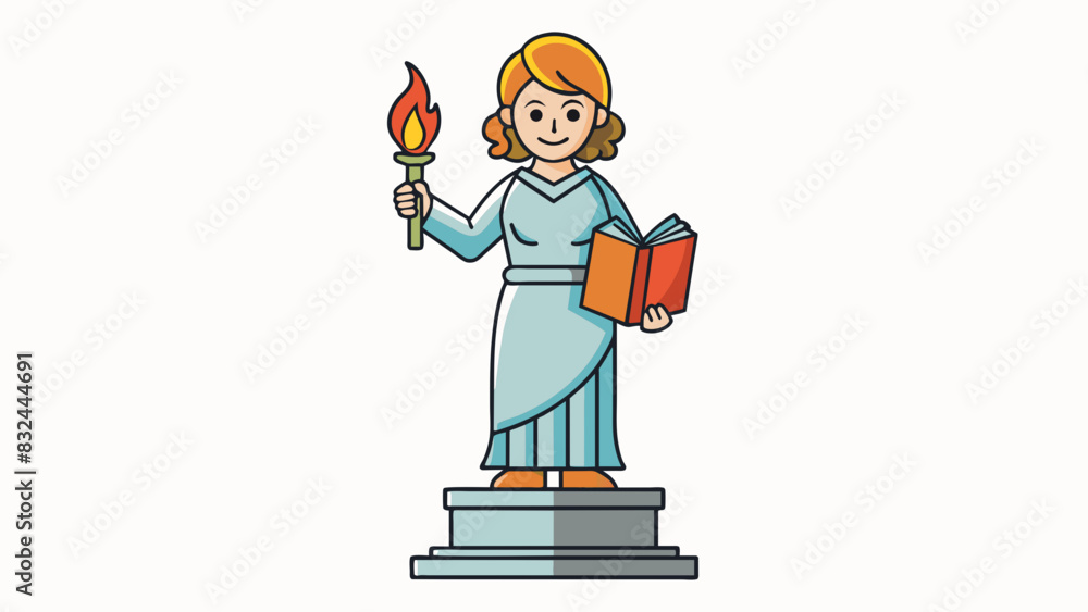Poster a statue of a woman with a torch in one hand and a book in the other standing tall on a pedestal. sh