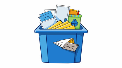 A stack of unod mail in a recycling bin The stack of mail consists of unod envelopes and adver. It is in a blue plastic recycling bin along with other. Cartoon Vector.