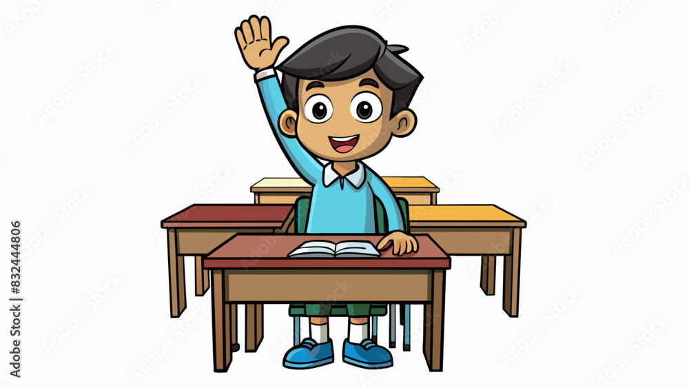 Poster A student raises their hand in the classroom and waits for the teacher to call on them to ask a question.. Cartoon Vector.