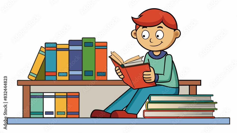 Aufkleber A student sits in front of a bookshelf sifting through textbooks and notebooks. They carefully consider the topics length and level of difficulty. Cartoon Vector.