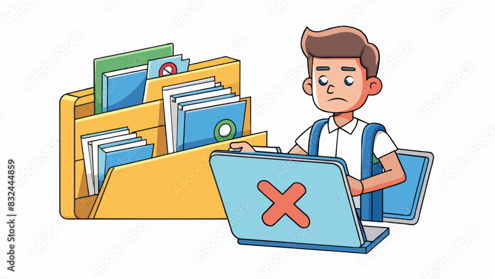Poster A student submitting their homework in the wrong folder on a shared drive. Characteristic The folders were labeled with different subject names but. Cartoon Vector.