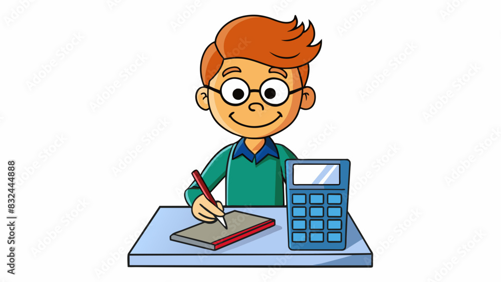 Aufkleber A student using a calculator during a math test relying on its accuracy to solve the equations correctly.. Cartoon Vector.