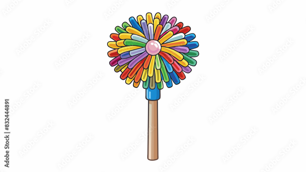 Poster A supporter is a small handheld plastic pom pom with multiple colorful streamers attached to a stick. The streamers create a playful bouncing effect. Cartoon Vector.