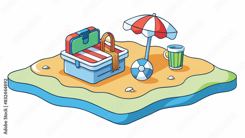 Poster a sundrenched beach with soft sand between your toes and crashing waves in the distance. an umbrella