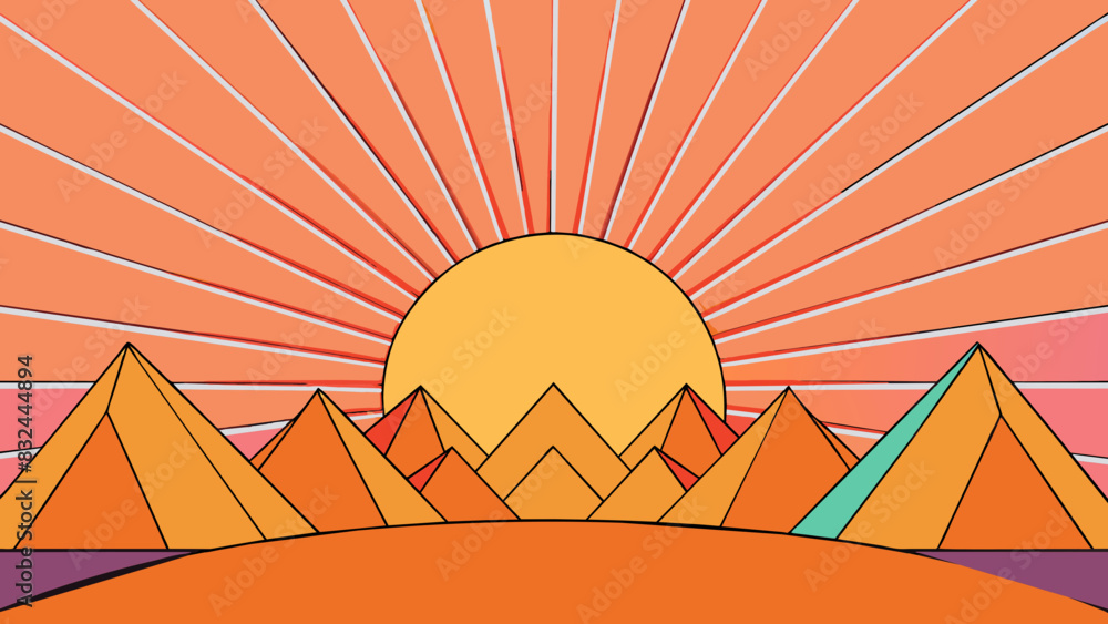 Poster a sun rising from behind the mountains casting a warm glow over the landscape. its rays slowly emerg
